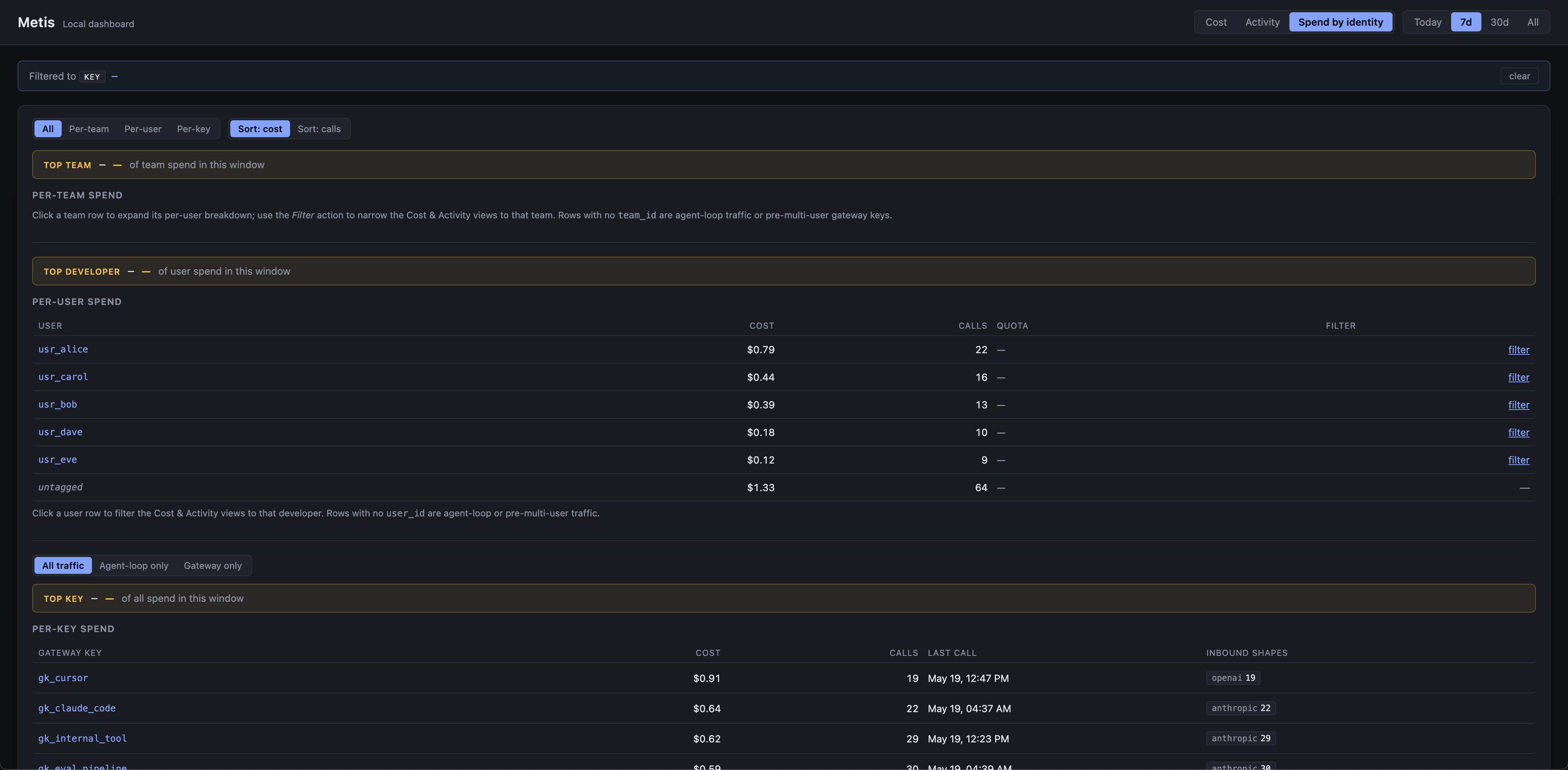 Metis cost attribution dashboard showing spend broken down by user, team, and project.
